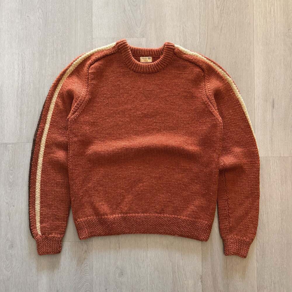 Vintage Handmade Rust Orange Crewneck Knit Sweater with Racing Stripes Sleeves